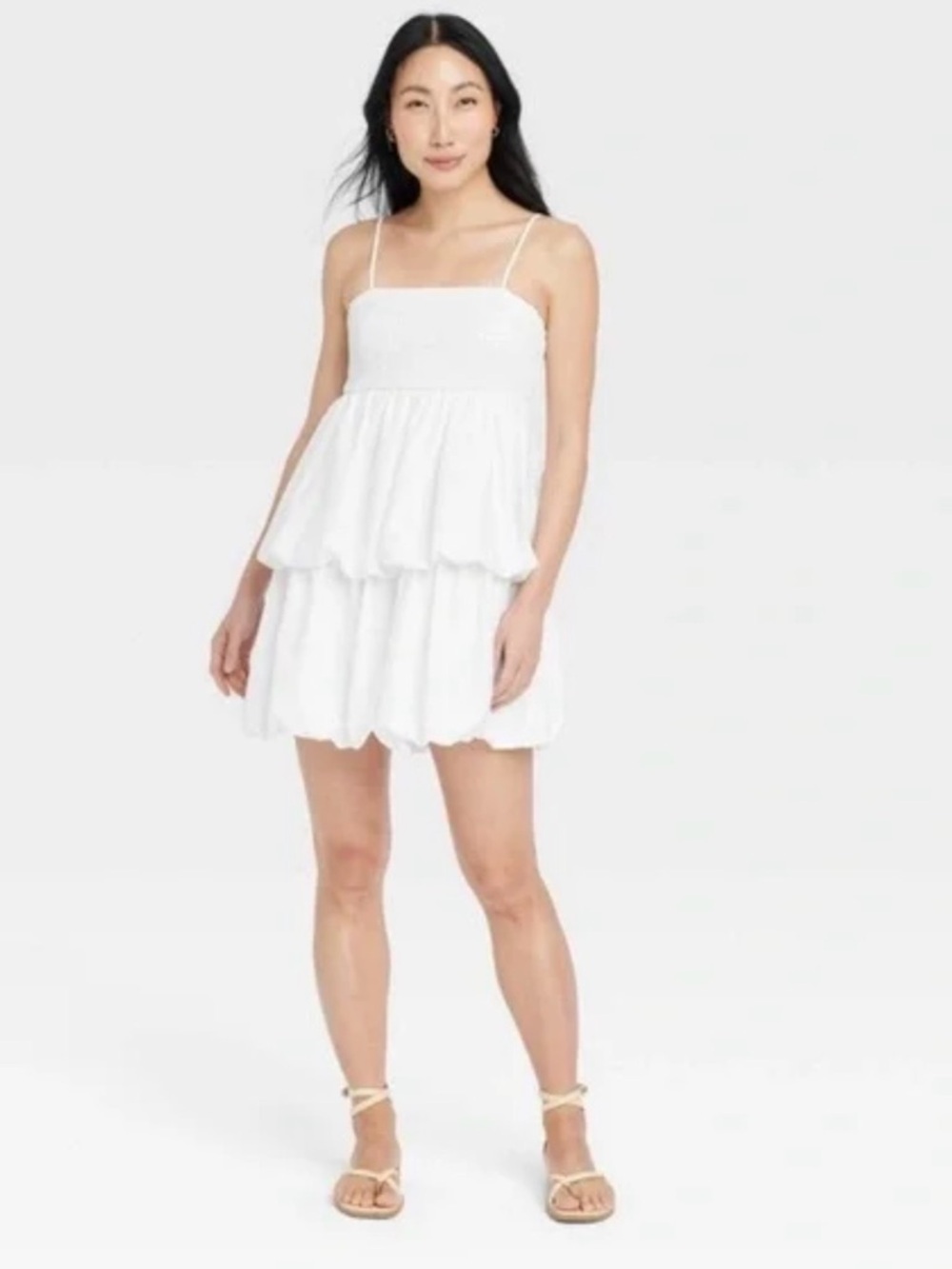 A New Day White Bubble Hem Mini Dress Smocked Cami Size Small